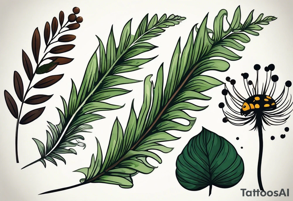 forest floor inspired minimalist tattoo, which includes grass, curly ferns, moss and dead leaves as the bulk of the tattoo. details to include: forest berries, a tiny bumblebee flying nearby, three small brown mushrooms
Generate a vertically long one tattoo idea