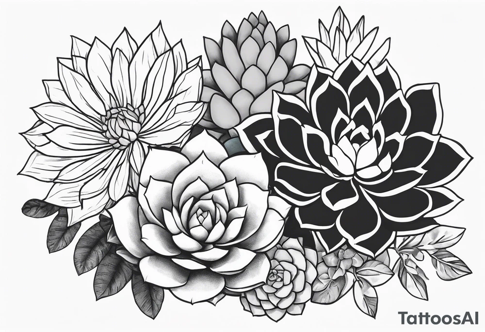 fine line. one big succulent in the middle. Two smaller succulents on the side. Dots and floral
. Sternum tattoo grey scale shading tattoo idea