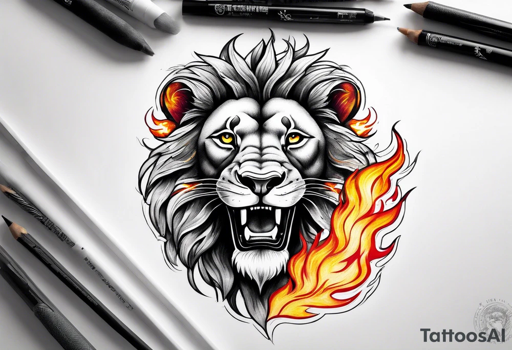 A smiling lion surrounded by fire in full color tattoo idea