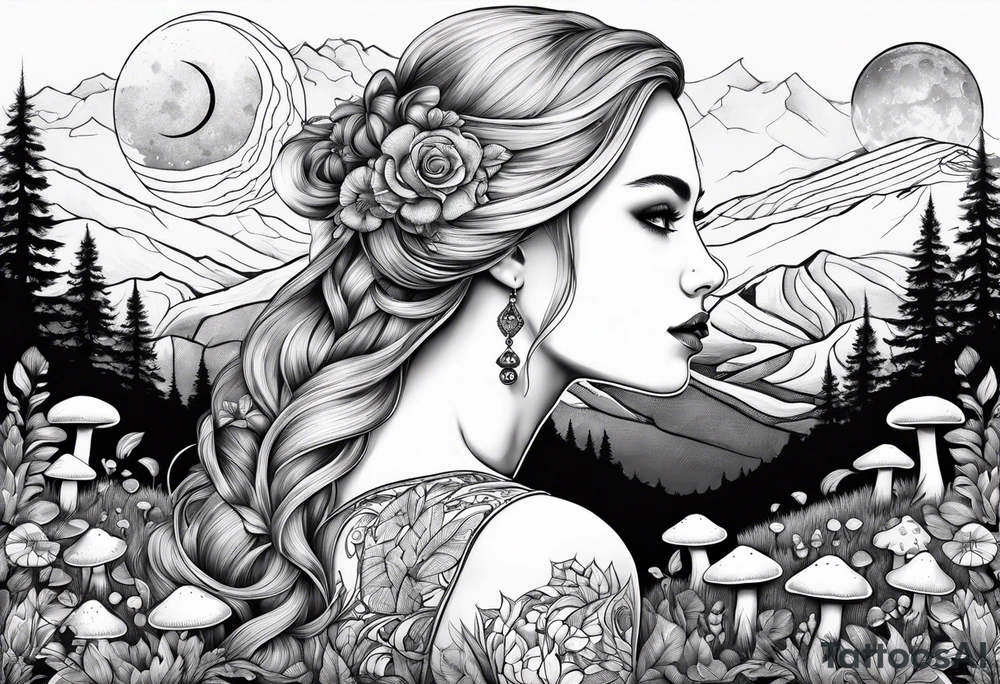 Straight blonde hair girl facing mountains surrounded by mushrooms crescent moon tattoo idea