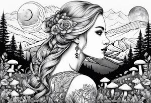 Straight blonde hair girl facing mountains surrounded by mushrooms crescent moon tattoo idea
