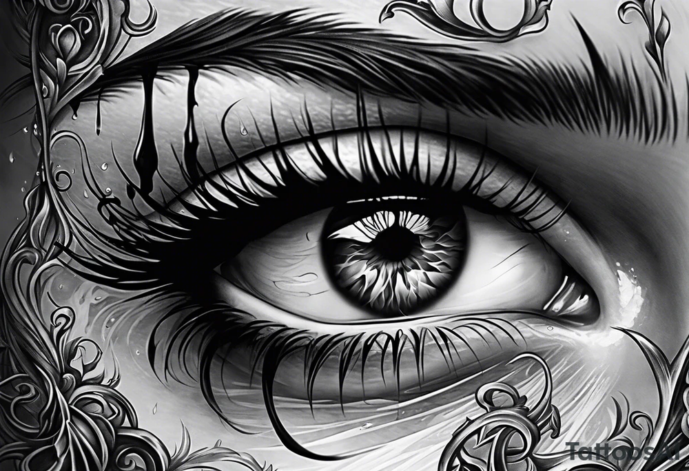 Realistic eye crying tears of tragedy death and betrayal tattoo idea
