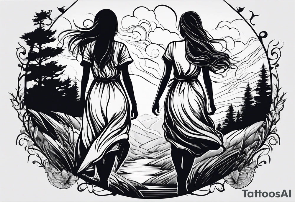 two sisters with one brother on the middle hugging together walking up hill through storm tattoo idea