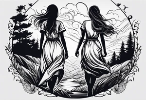 two sisters with one brother on the middle hugging together walking up hill through storm tattoo idea