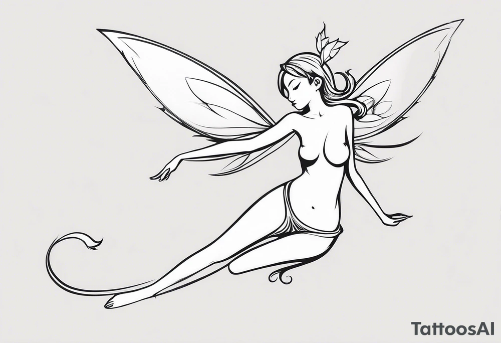Minimalistic, monochromatic fairy with a tail flying to the left in a fetal position, leaning and looking in the same direction, with visible hands, embodying the 'Fairy Tail' logo aesthetic. tattoo idea