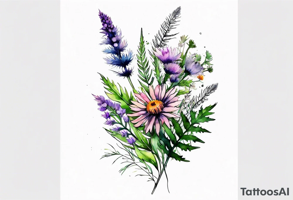 small vertical mixed wildflower bouquet with ferns, thistle and with watercolor tattoo idea
