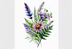 small vertical mixed wildflower bouquet with ferns, thistle and with watercolor tattoo idea