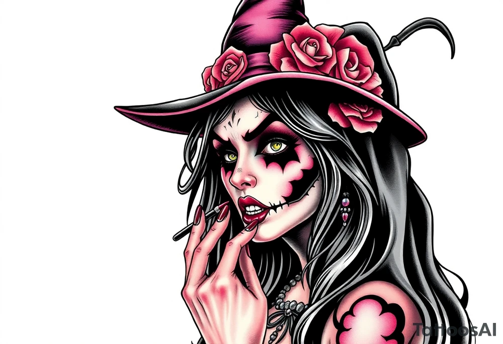 Evil Witch young woman putting scary make up on tattoo idea