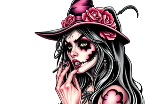 Evil Witch young woman putting scary make up on tattoo idea