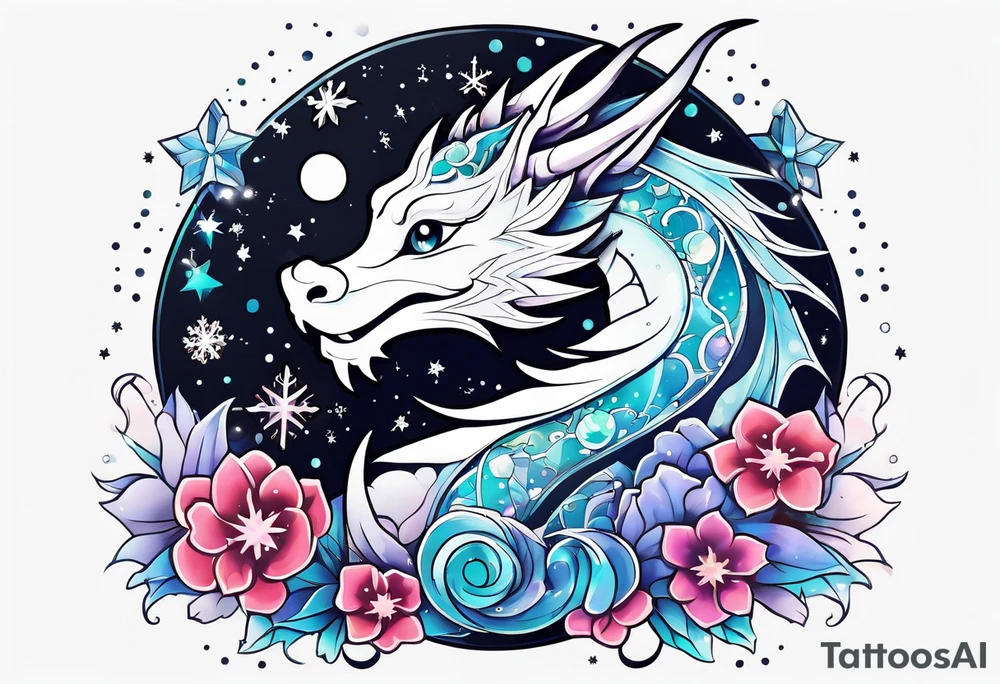 Constellation, kawaii dragon, snowflake tattoo idea