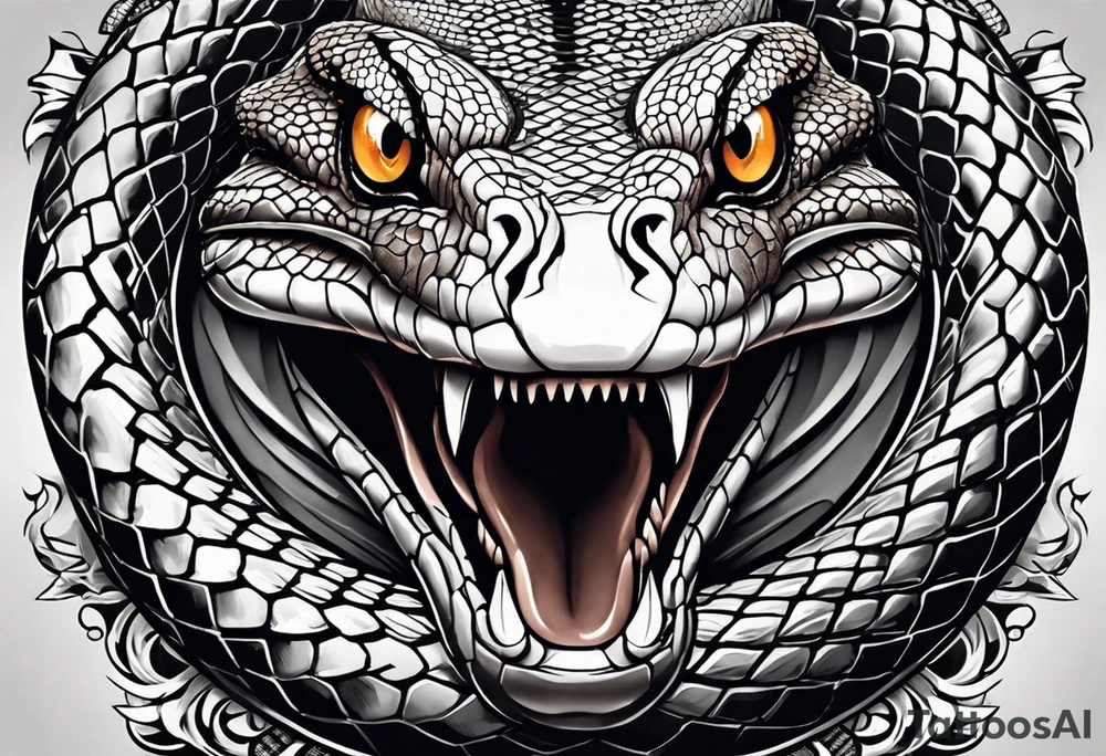 black and white drawing of a snake head with copper eyes an open mouth with mountain bike tire tread for body tattoo idea
