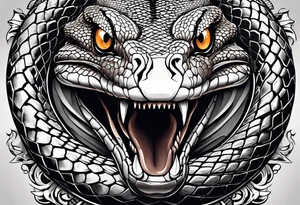 black and white drawing of a snake head with copper eyes an open mouth with mountain bike tire tread for body tattoo idea