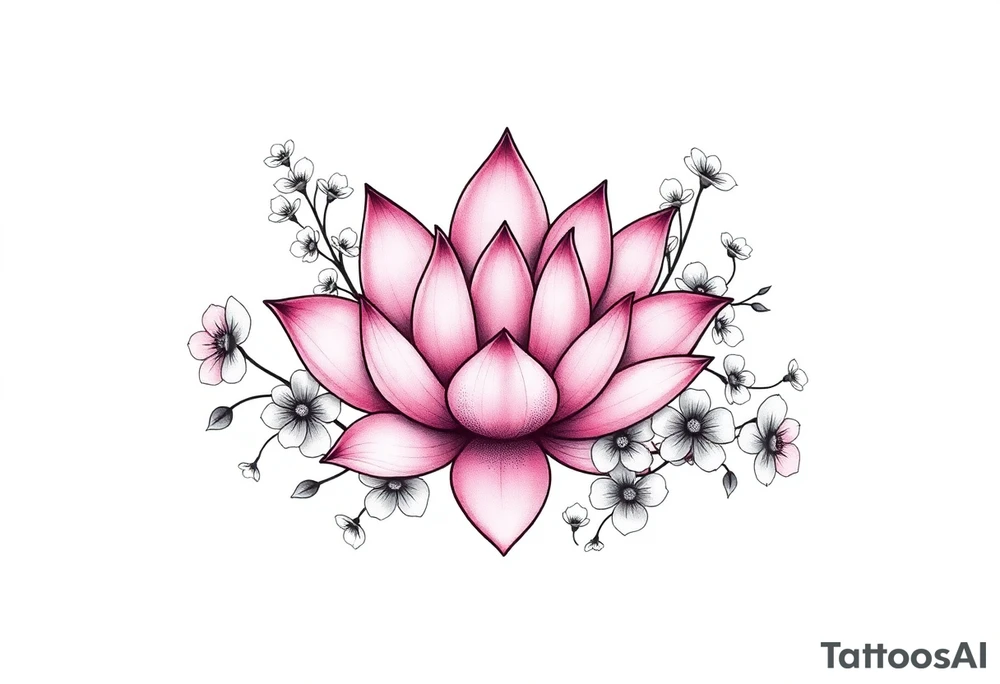 Lotus flower surrounded by forget me nots and peonies tattoo idea