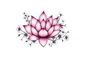 Lotus flower surrounded by forget me nots and peonies tattoo idea