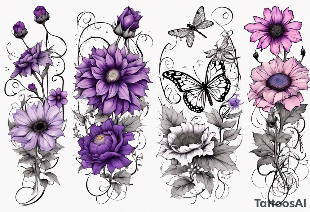 Arm sleeve, sunflowers, dragonflies, three purple cosmos flower, one violet, one pink carnation, vines , leaves and butterflies tattoo idea