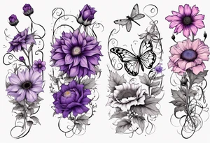 Arm sleeve, sunflowers, dragonflies, three purple cosmos flower, one violet, one pink carnation, vines , leaves and butterflies tattoo idea