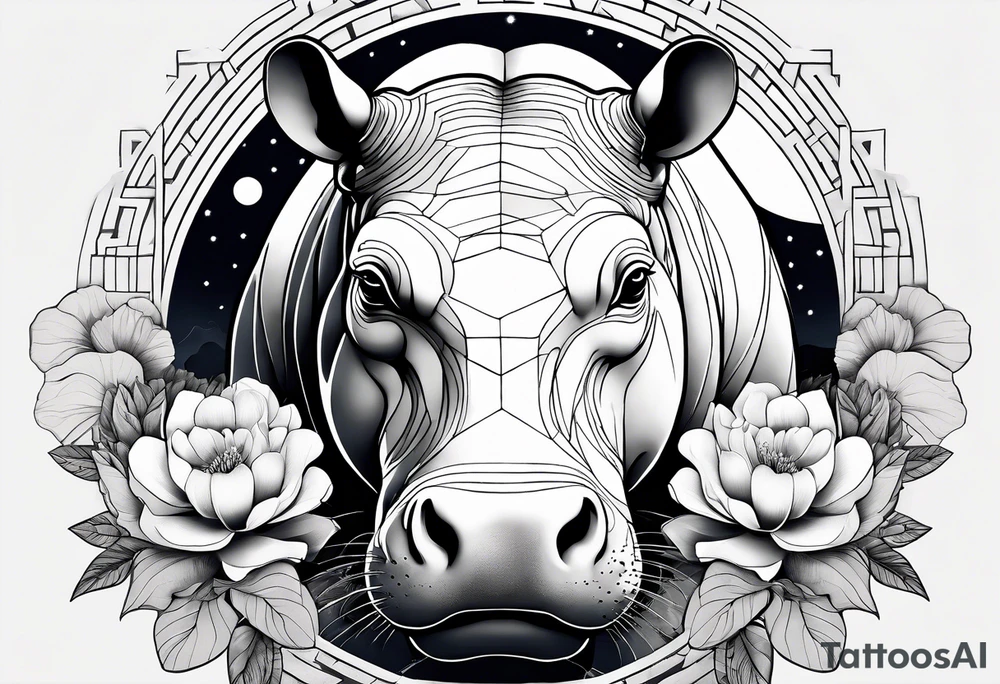 Asymmetrical, geometric, chinese ink art touch, hippo , full moon, flower, light tattoo idea
