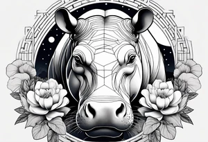 Asymmetrical, geometric, chinese ink art touch, hippo , full moon, flower, light tattoo idea
