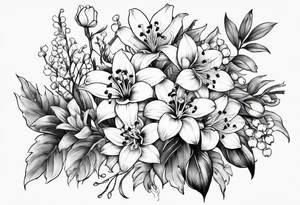 Lily of the valley, marigold, chrysanthemum, lily. All combined together with surrounding leaves and vines to tie them lol together nicely tattoo idea