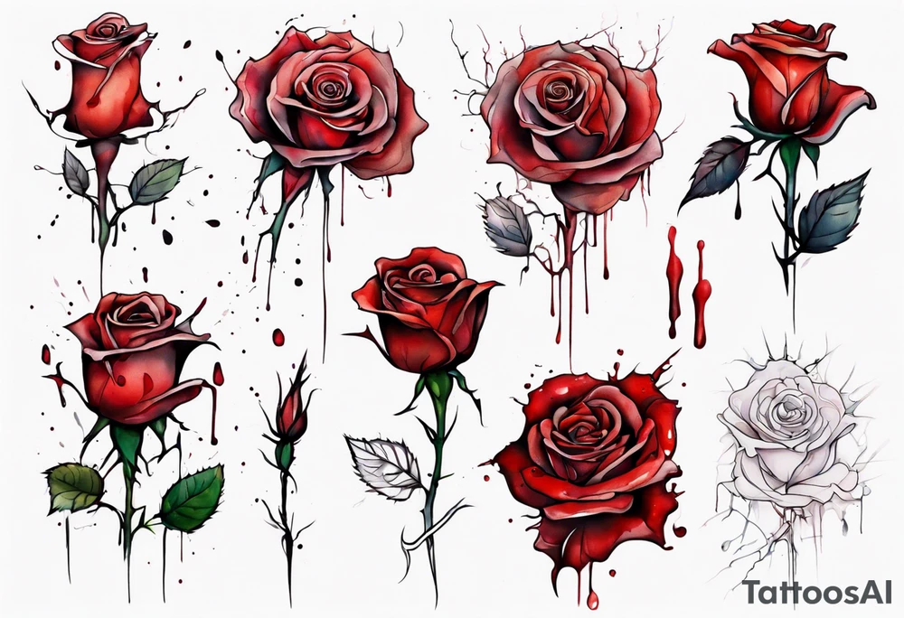 rose flower, one line, red blood dripping from the flower, tall, watercolor tattoo idea