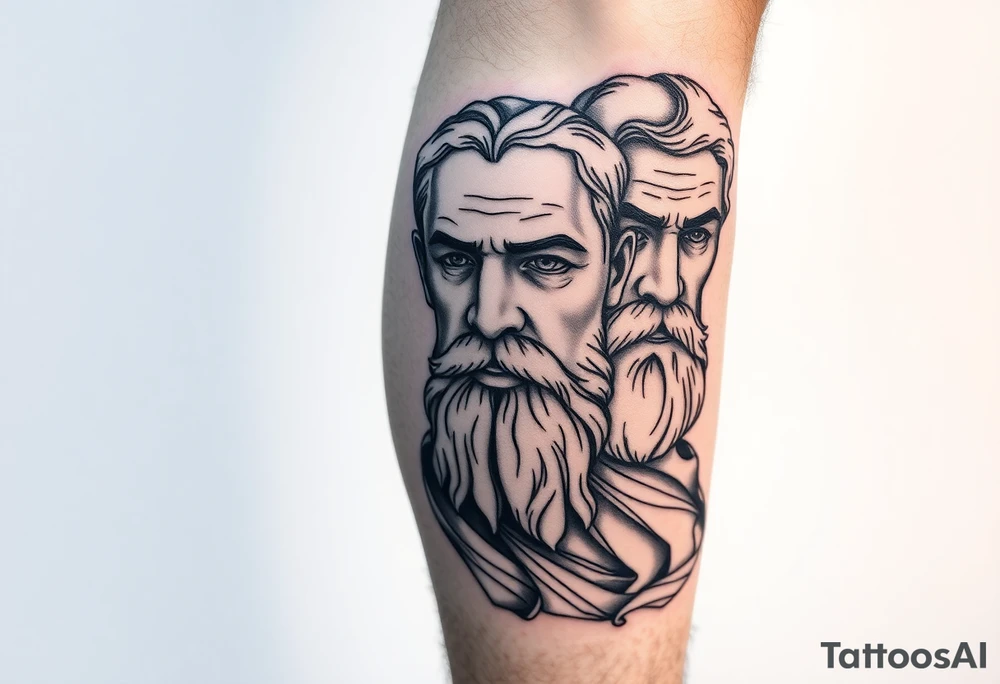 Platos, aristole, and socrates on the right side of the calf. Big and filling the whole calf tattoo idea