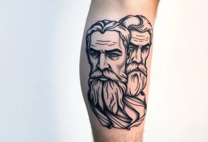 Platos, aristole, and socrates on the right side of the calf. Big and filling the whole calf tattoo idea
