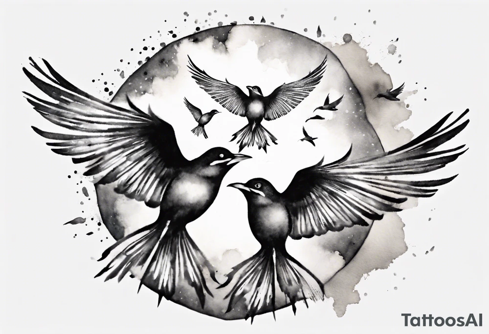 shoulder tattoo with light rays with birds flying free among the clouds, round shape, 3d effect tattoo idea