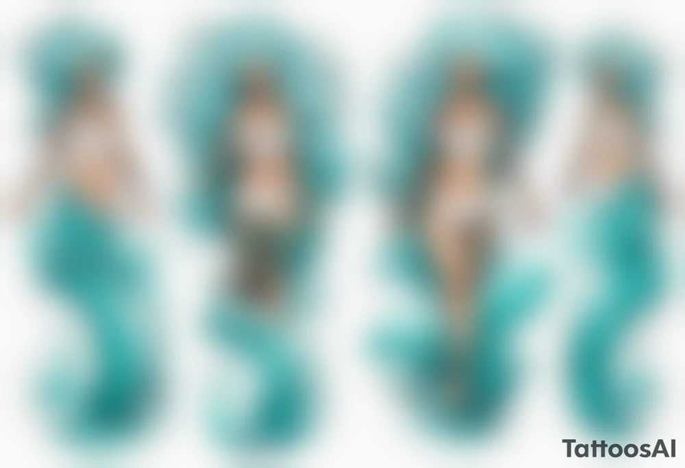 a tall woman made of water with turquoise hair riding the waves tattoo idea