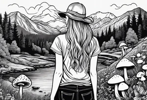 Straight long blonde hair hippie girl in distance holding mushrooms in hand facing away toward mountains and creek surrounded by mushrooms tee shirt hiking pants

Circular picture tattoo idea