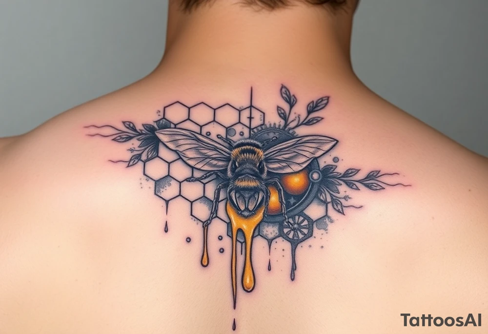 honeycomb with bee and dripping honey on a steampunk design on the upper arm tattoo idea