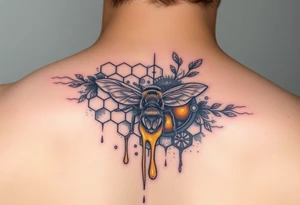 honeycomb with bee and dripping honey on a steampunk design on the upper arm tattoo idea