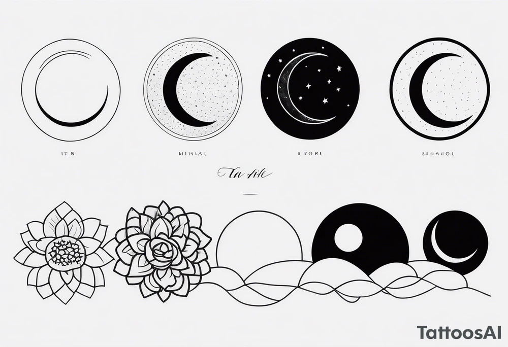 Strip of Moon phases in horizontal line, floral tattoo idea