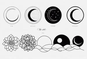 Strip of Moon phases in horizontal line, floral tattoo idea