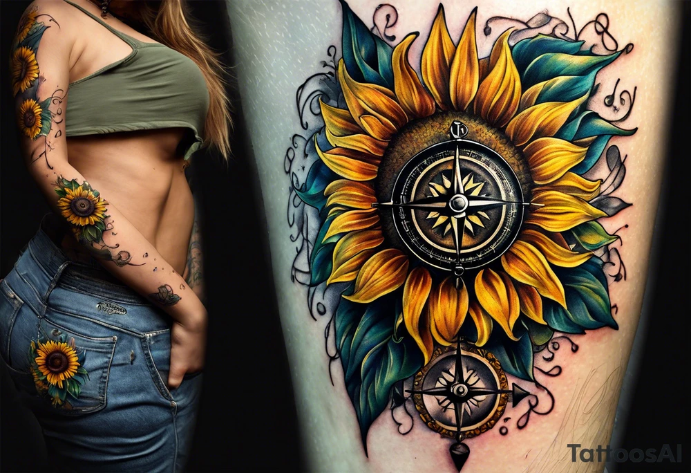 Sunflower and a compass, with the words "To Thine Own Self Be True" tattoo idea