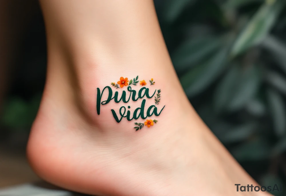 “Pura Vida” curving along the ankle, in dark green, surrounded by tiny wildflowers in orange and yellow. tattoo idea