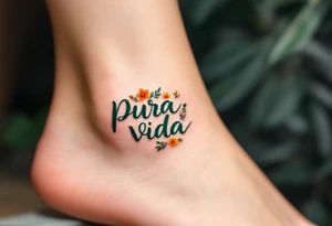 “Pura Vida” curving along the ankle, in dark green, surrounded by tiny wildflowers in orange and yellow. tattoo idea