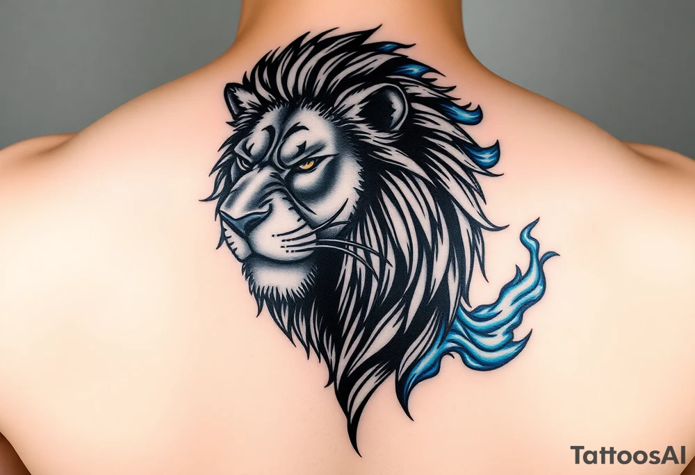 Powerful, fierce stoic lions head, whose mane turns into blue flames that swirl up my arm with blue embers tattoo idea