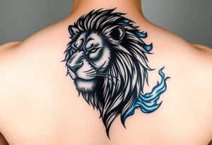 Powerful, fierce stoic lions head, whose mane turns into blue flames that swirl up my arm with blue embers tattoo idea