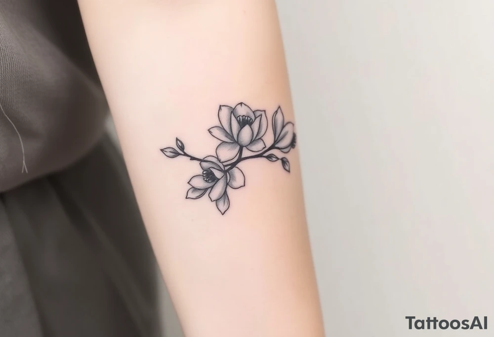 Branch with few magnolia flowers, in different blossom stages with botanical details tattoo idea