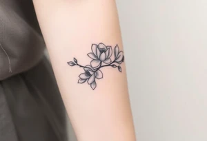 Branch with few magnolia flowers, in different blossom stages with botanical details tattoo idea