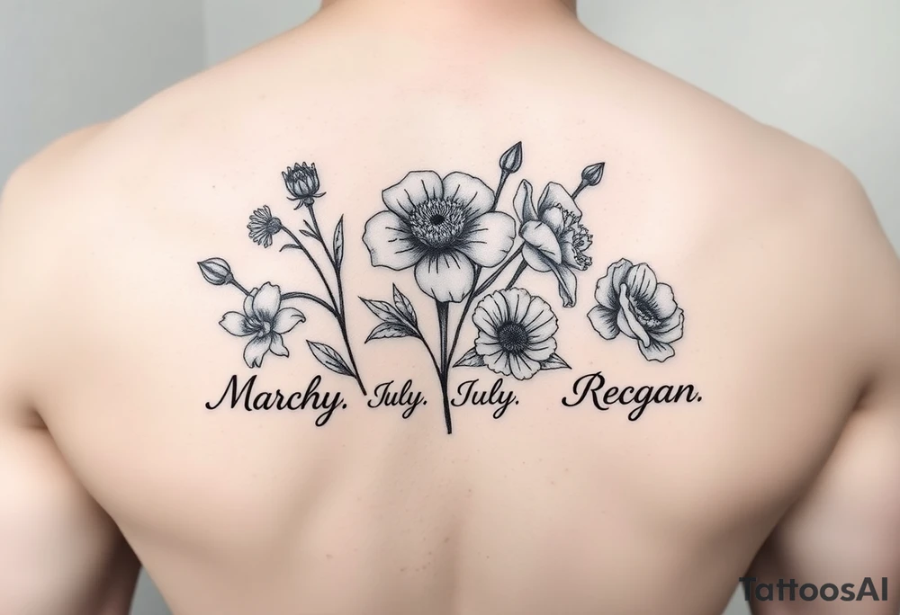 March, July and January birth month flowers with the names Riley, Grace and Regan tattoo idea