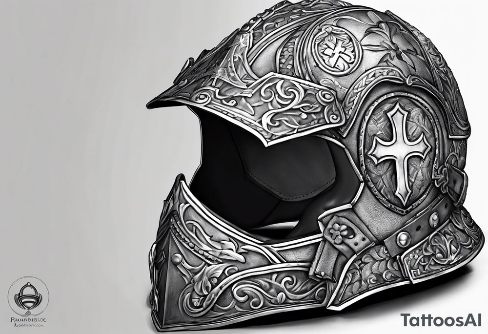 pauldron armor piece with a cross in the center and a pawprint tattoo idea