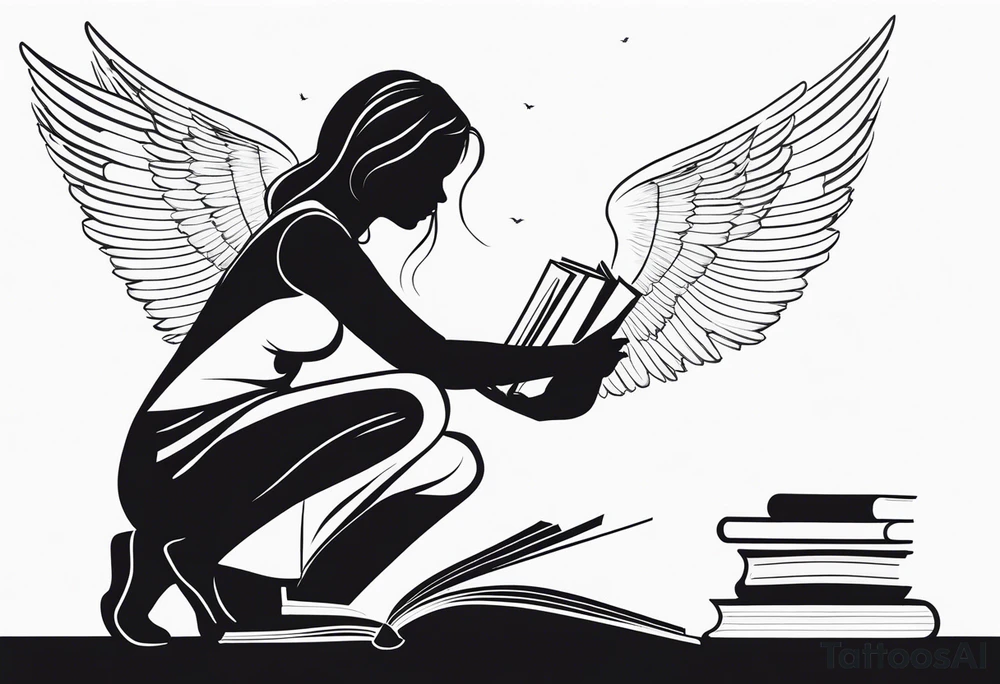 Kneeling Girl with angel wings, side profile, holding a stack of books that are open with silhouettes of birds flying out of them tattoo idea