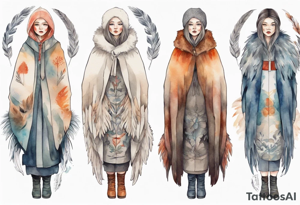 a solitary Scandinavian woman with a feathered cloak tattoo idea