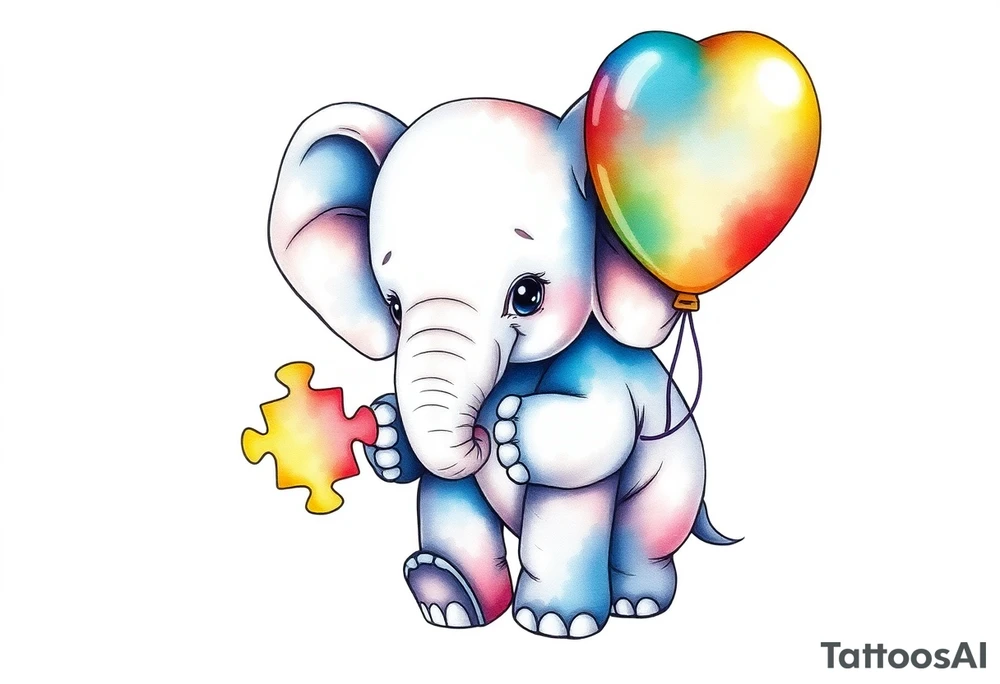 Baby elephant holding autism puzzle balloon tattoo idea