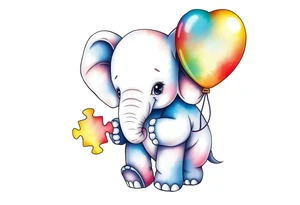 Baby elephant holding autism puzzle balloon tattoo idea