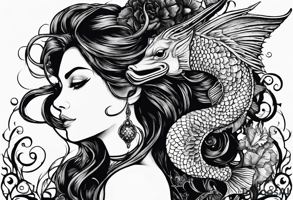 Mermaid looking into eyes of seahorse, side profile. Trident, horns, scales and tattoos on skin. tattoo idea