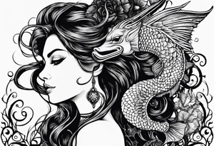 Mermaid looking into eyes of seahorse, side profile. Trident, horns, scales and tattoos on skin. tattoo idea