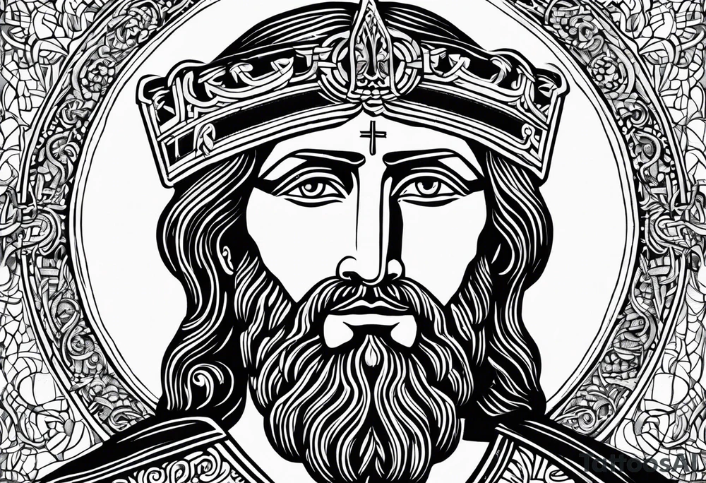 haloed head of a flat stern Byzantine Christ with all-demanding eyes. tattoo idea