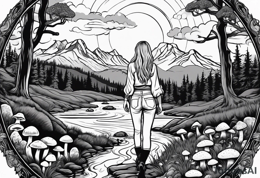 Whole picture encircled fully

Straight long blonde hair hippie girl in distance holding mushrooms in hand facing away toward mountains and creek surrounded by mushrooms long sleeve shirt and hiking pants; whole rendering within a full circle, no cut off circle tattoo idea